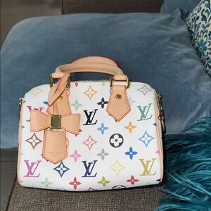 White Multicolor Mini Satchel with Leather Bow Accent